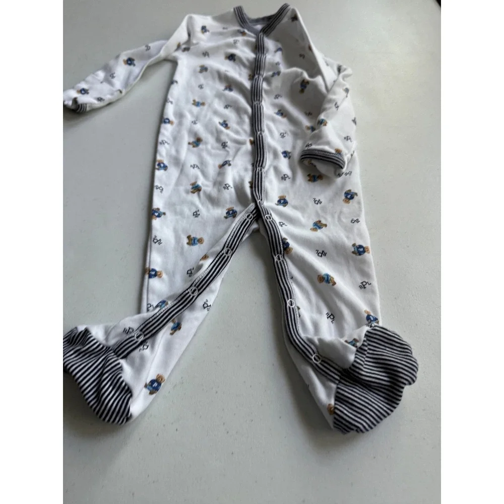 Ralph Lauren Baby Boy Polo Bear Footed Coverall Sleeper White Navy 9M